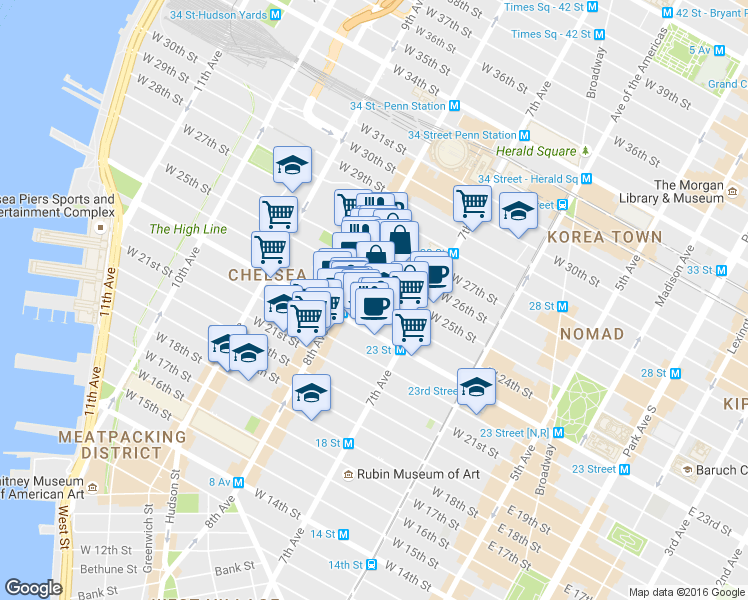 map of restaurants, bars, coffee shops, grocery stores, and more near 231 West 24th Street in New York
