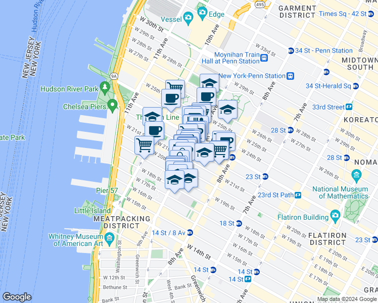 map of restaurants, bars, coffee shops, grocery stores, and more near 414 West 22nd Street in New York