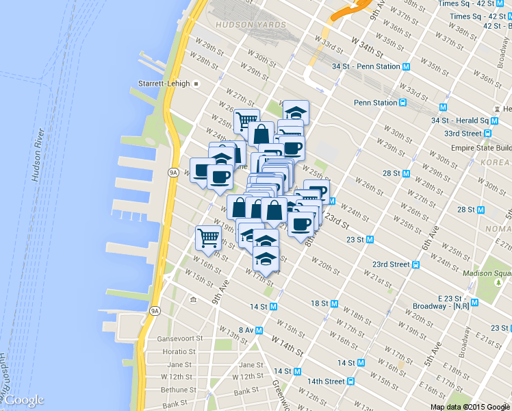 map of restaurants, bars, coffee shops, grocery stores, and more near 414 West 22nd Street in New York