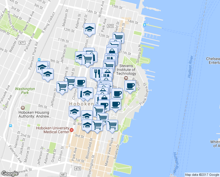 map of restaurants, bars, coffee shops, grocery stores, and more near 799 Washington Street in Hoboken