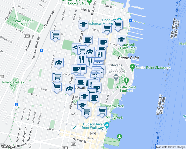map of restaurants, bars, coffee shops, grocery stores, and more near 157 8th Street in Hoboken
