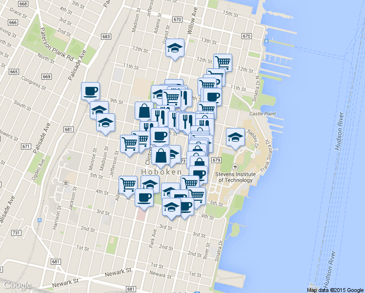 map of restaurants, bars, coffee shops, grocery stores, and more near 727 Park Avenue in Hoboken