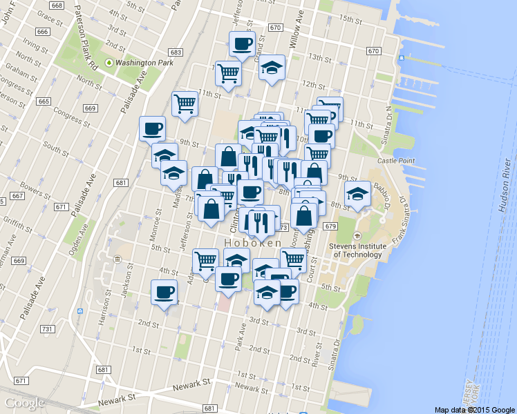 map of restaurants, bars, coffee shops, grocery stores, and more near 712 Willow Avenue in Hoboken