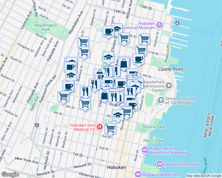 map of restaurants, bars, coffee shops, grocery stores, and more near 720 Willow Avenue in Hoboken