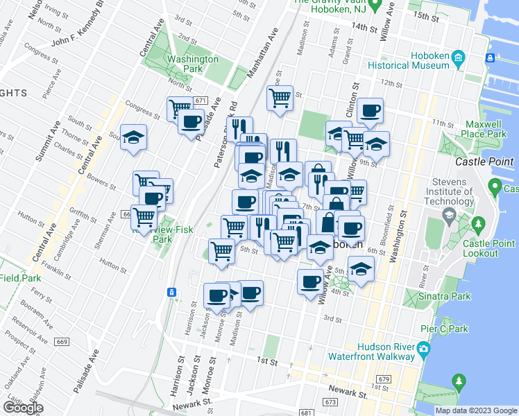 map of restaurants, bars, coffee shops, grocery stores, and more near 625 Madison Street in Hoboken