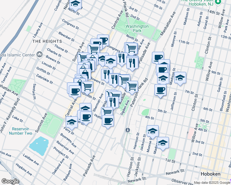 map of restaurants, bars, coffee shops, grocery stores, and more near 52 Bowers Street in Jersey City