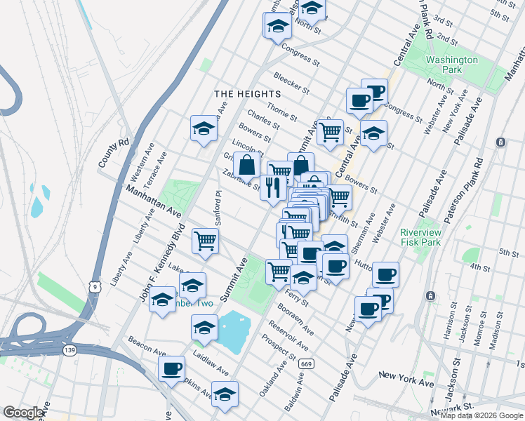 map of restaurants, bars, coffee shops, grocery stores, and more near 174 Hutton Street in Jersey City