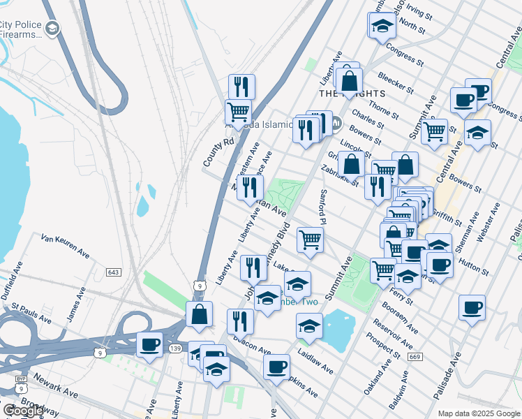 map of restaurants, bars, coffee shops, grocery stores, and more near 260 County Road 647 in Jersey City