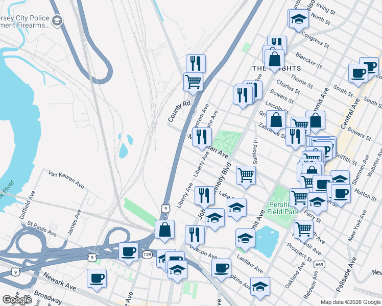 map of restaurants, bars, coffee shops, grocery stores, and more near 150 Beach Street in Jersey City