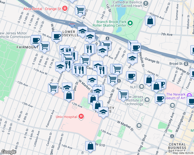 map of restaurants, bars, coffee shops, grocery stores, and more near 54-56 Morris Avenue in Newark