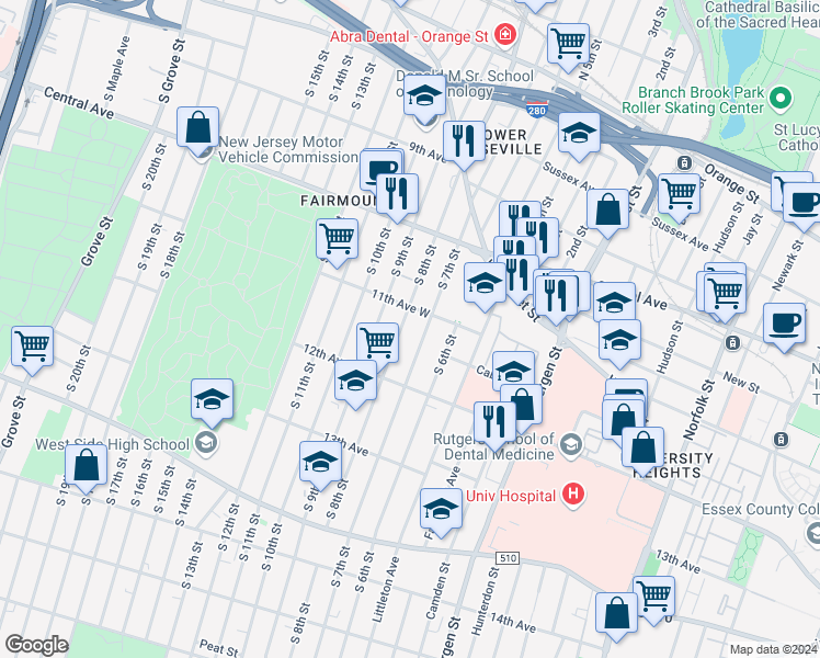 map of restaurants, bars, coffee shops, grocery stores, and more near in Newark