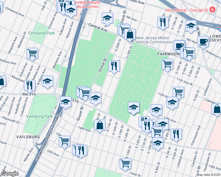 map of restaurants, bars, coffee shops, grocery stores, and more near 316 South 19th Street in Newark
