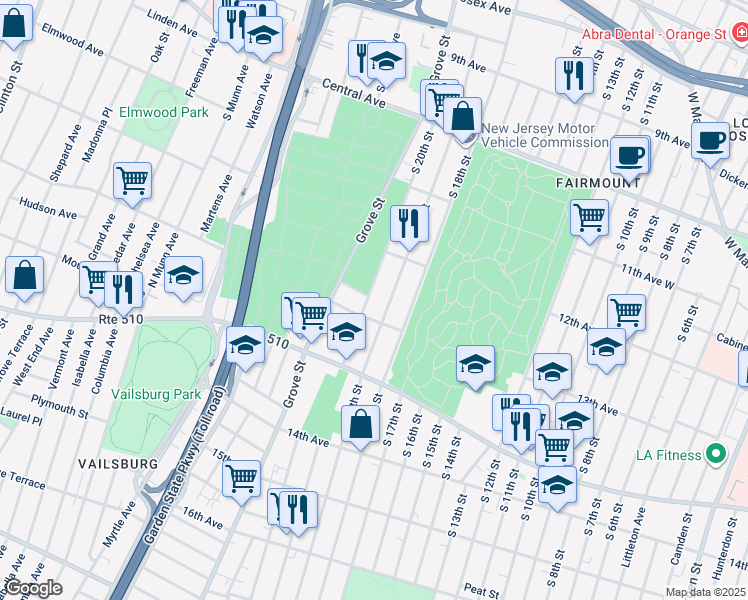 map of restaurants, bars, coffee shops, grocery stores, and more near 323 South 20th Street in Newark