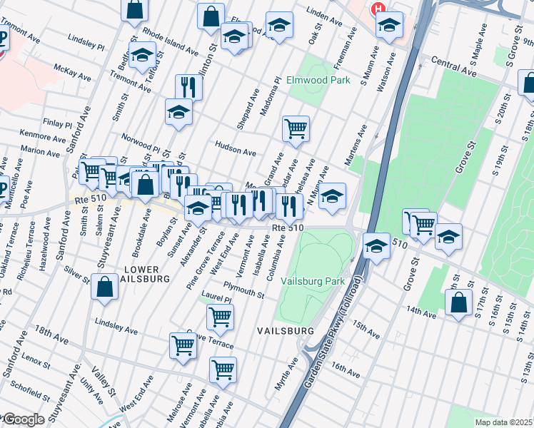 map of restaurants, bars, coffee shops, grocery stores, and more near 21 Cedar Avenue in Newark