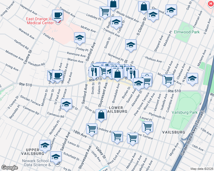map of restaurants, bars, coffee shops, grocery stores, and more near 11 Stuyvesant Avenue in Irvington