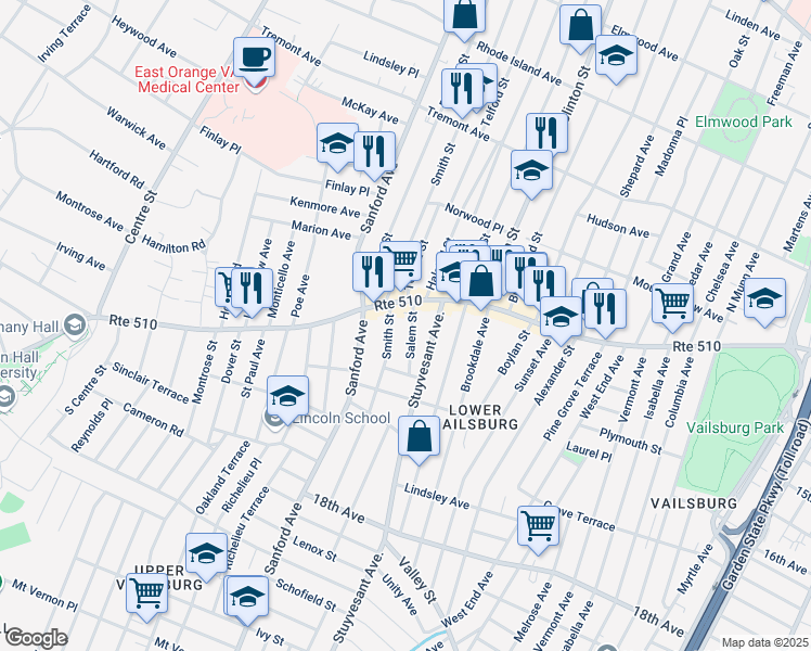 map of restaurants, bars, coffee shops, grocery stores, and more near 1014 South Orange Avenue in Newark
