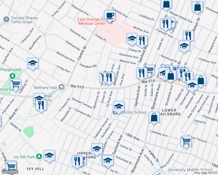 map of restaurants, bars, coffee shops, grocery stores, and more near 9-11 Longfellow Avenue in Newark