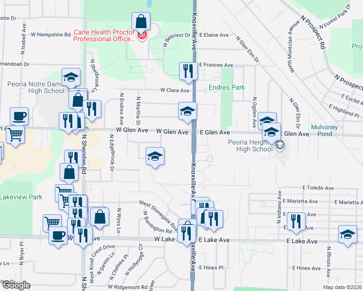map of restaurants, bars, coffee shops, grocery stores, and more near 200 West Glen Avenue in Peoria