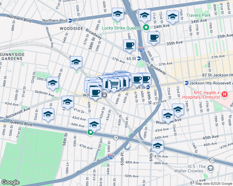 map of restaurants, bars, coffee shops, grocery stores, and more near 6319 Roosevelt Avenue in Queens