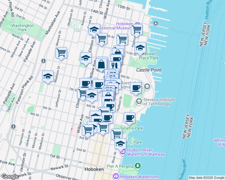 map of restaurants, bars, coffee shops, grocery stores, and more near 799 Washington Street in Hoboken