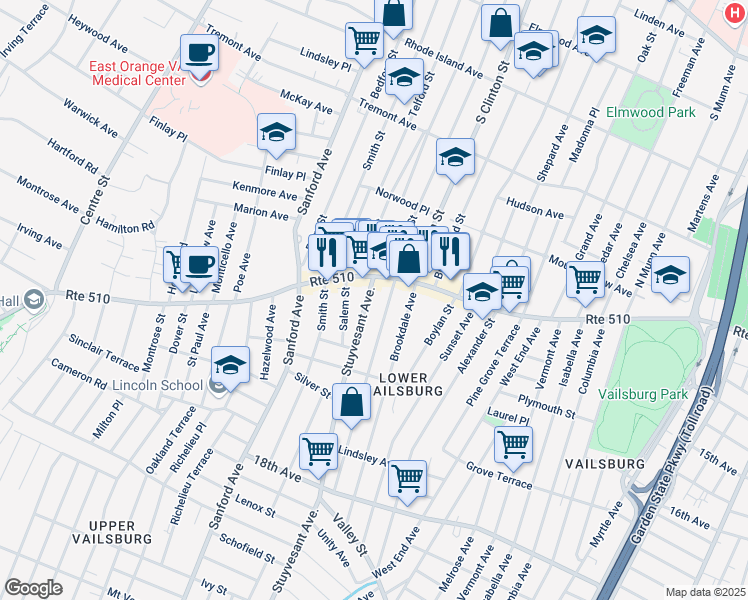 map of restaurants, bars, coffee shops, grocery stores, and more near 11 Stuyvesant Avenue in Irvington
