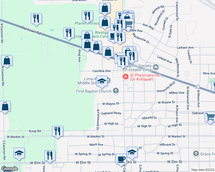 map of restaurants, bars, coffee shops, grocery stores, and more near 503 North Cable Road in Lima