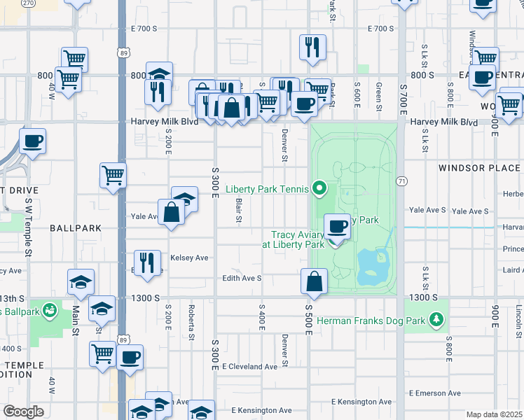 map of restaurants, bars, coffee shops, grocery stores, and more near 1059 South 400 East in Salt Lake City