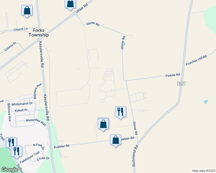 map of restaurants, bars, coffee shops, grocery stores, and more near 3900 Glover Road in Easton