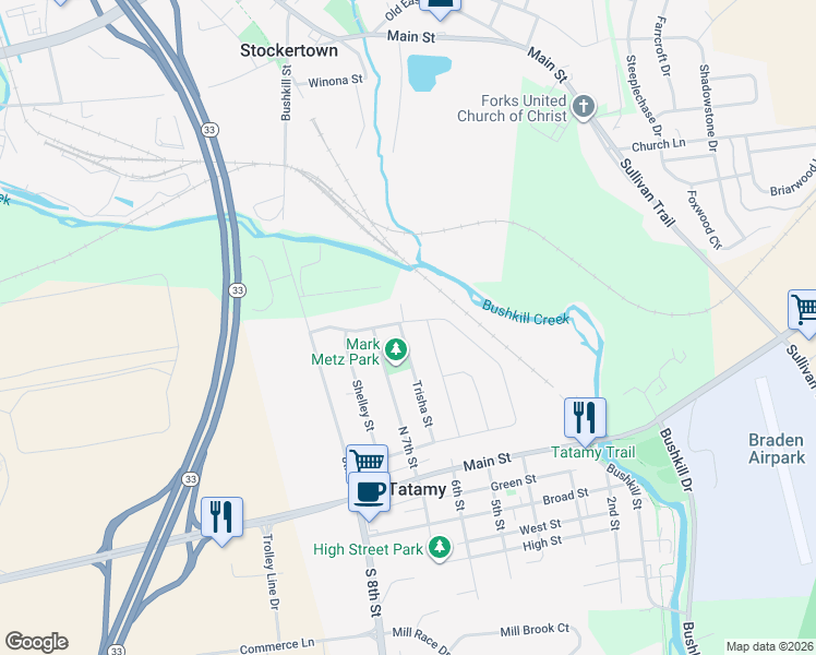 map of restaurants, bars, coffee shops, grocery stores, and more near 285 Trisha Street in Easton