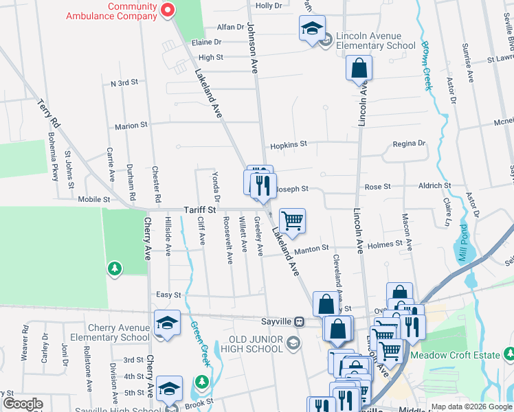 map of restaurants, bars, coffee shops, grocery stores, and more near 154 Lakeland Avenue in Sayville