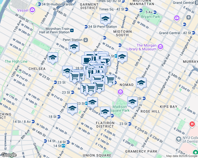 map of restaurants, bars, coffee shops, grocery stores, and more near 121 West 27th Street in New York