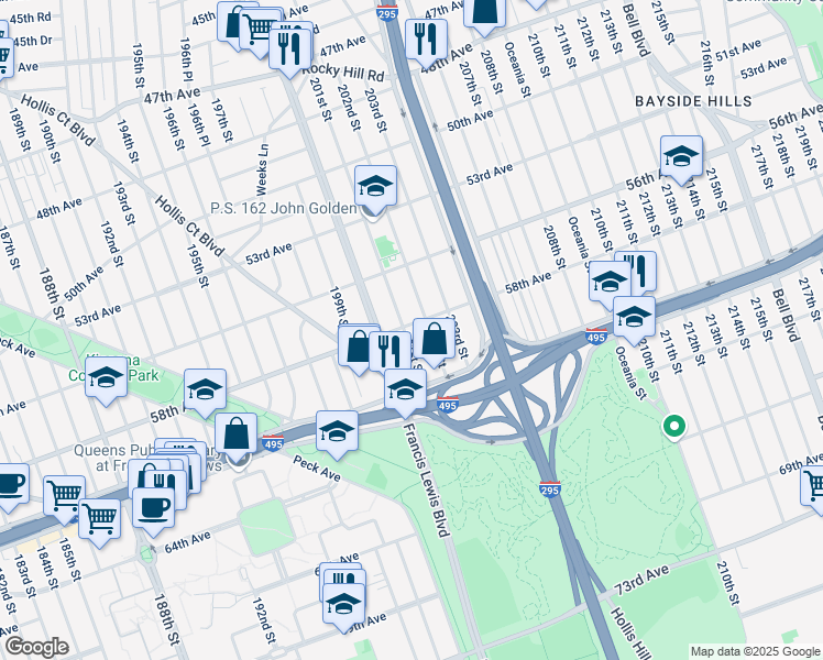 map of restaurants, bars, coffee shops, grocery stores, and more near 56-52 201st Street in Queens