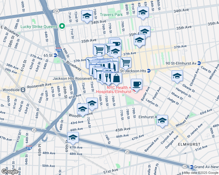 map of restaurants, bars, coffee shops, grocery stores, and more near 75-32 Broadway in Queens
