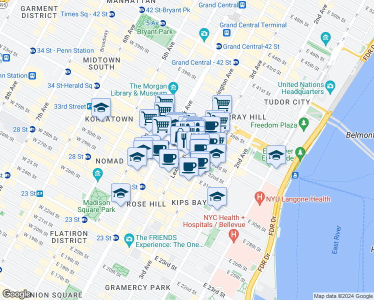 map of restaurants, bars, coffee shops, grocery stores, and more near 218 Lexington Avenue in New York