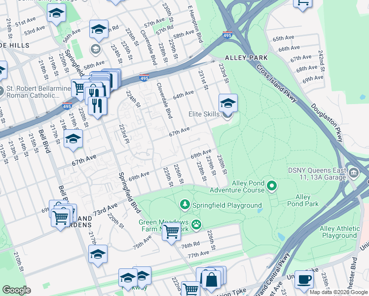 map of restaurants, bars, coffee shops, grocery stores, and more near 67-27 Cloverdale Boulevard in Queens