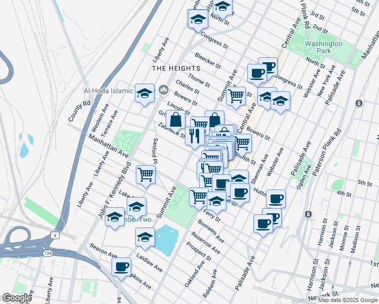 map of restaurants, bars, coffee shops, grocery stores, and more near in Hudson County