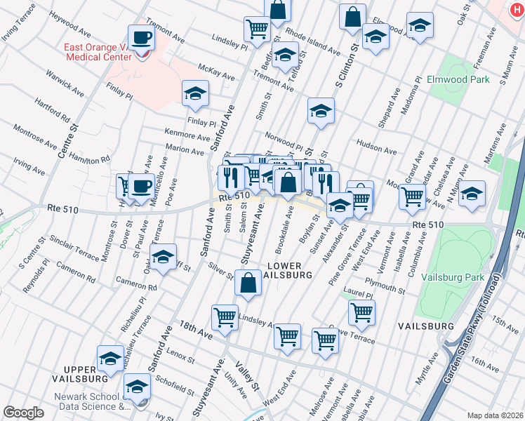 map of restaurants, bars, coffee shops, grocery stores, and more near 11 Stuyvesant Avenue in Irvington