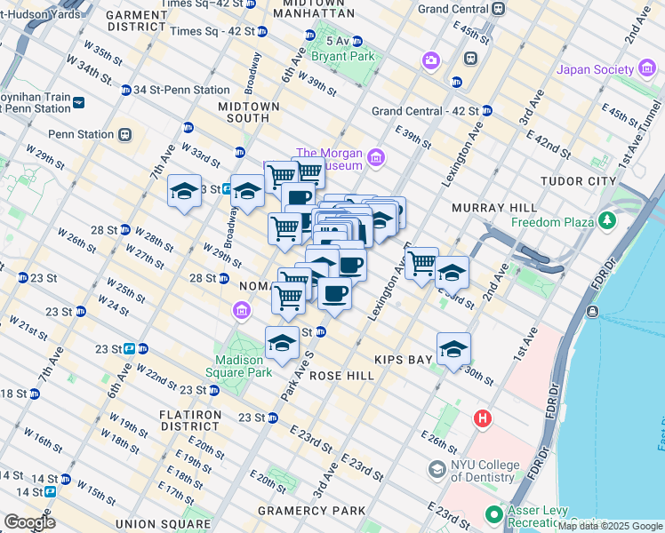 map of restaurants, bars, coffee shops, grocery stores, and more near 38 East 32nd Street in New York