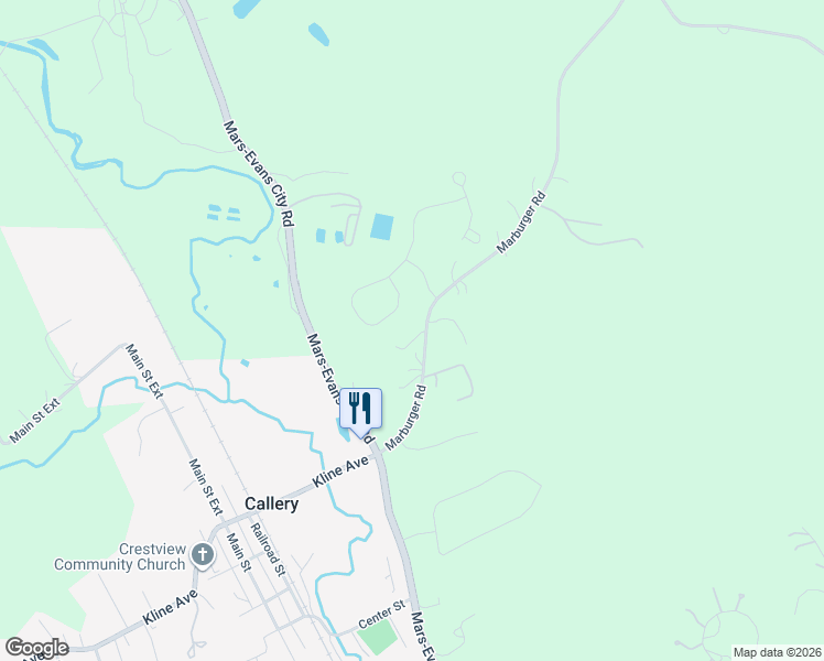 map of restaurants, bars, coffee shops, grocery stores, and more near 204 Marburger Road in Evans City