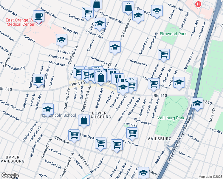 map of restaurants, bars, coffee shops, grocery stores, and more near 916 South Orange Avenue in Newark