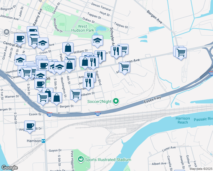 map of restaurants, bars, coffee shops, grocery stores, and more near 500 Supor Boulevard in Harrison