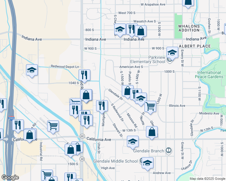 map of restaurants, bars, coffee shops, grocery stores, and more near 1095 Glendale Drive in Salt Lake City