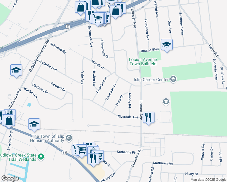 map of restaurants, bars, coffee shops, grocery stores, and more near 17 Greentree Drive in Oakdale