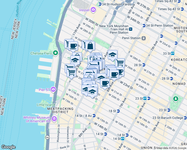 map of restaurants, bars, coffee shops, grocery stores, and more near 414 West 22nd Street in New York