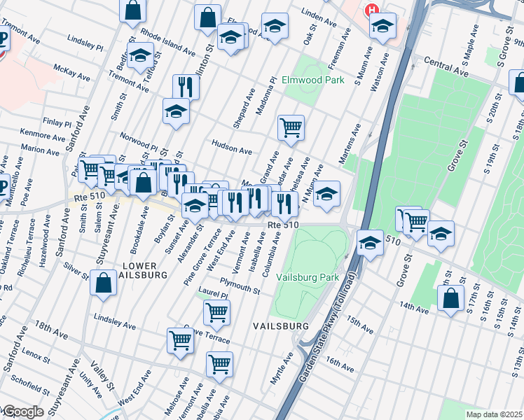 map of restaurants, bars, coffee shops, grocery stores, and more near 21 Cedar Avenue in Newark