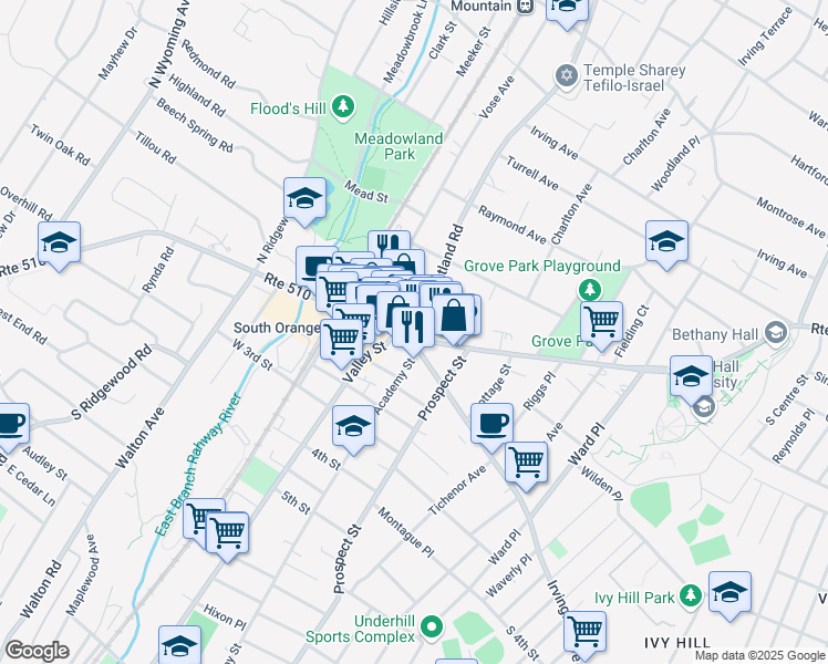 map of restaurants, bars, coffee shops, grocery stores, and more near in South Orange Village