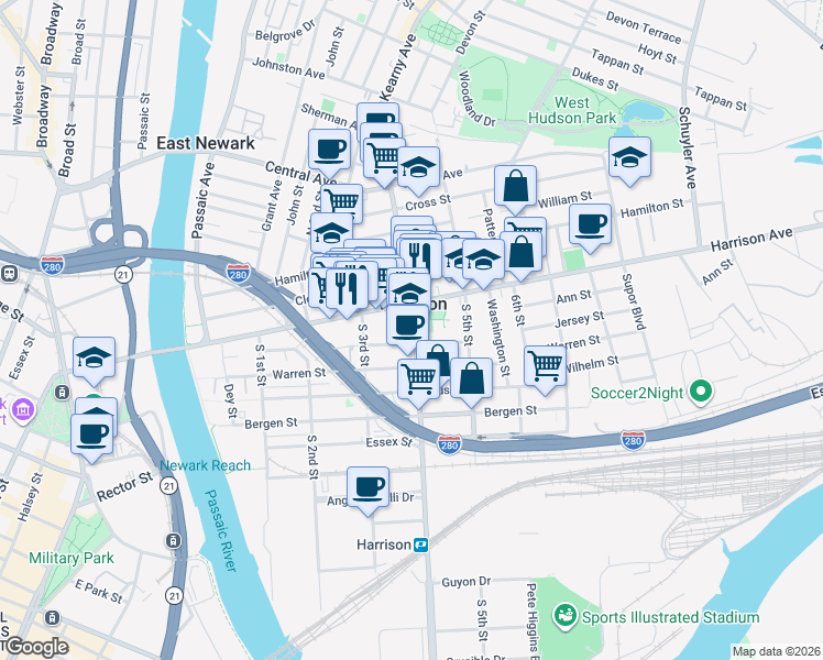 map of restaurants, bars, coffee shops, grocery stores, and more near 15 Frank E Rodgers Boulevard South in Harrison