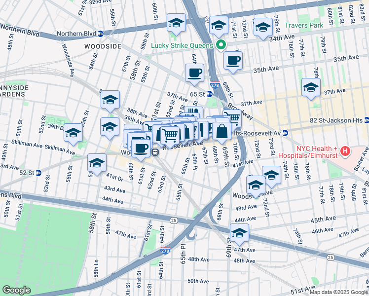 map of restaurants, bars, coffee shops, grocery stores, and more near 6410 Roosevelt Avenue in Queens