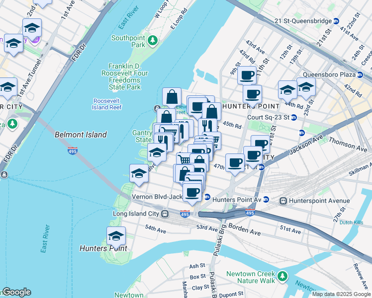 map of restaurants, bars, coffee shops, grocery stores, and more near 47-01 5th Street in Queens