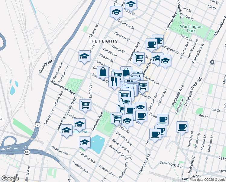 map of restaurants, bars, coffee shops, grocery stores, and more near Summit Avenue in Hudson County